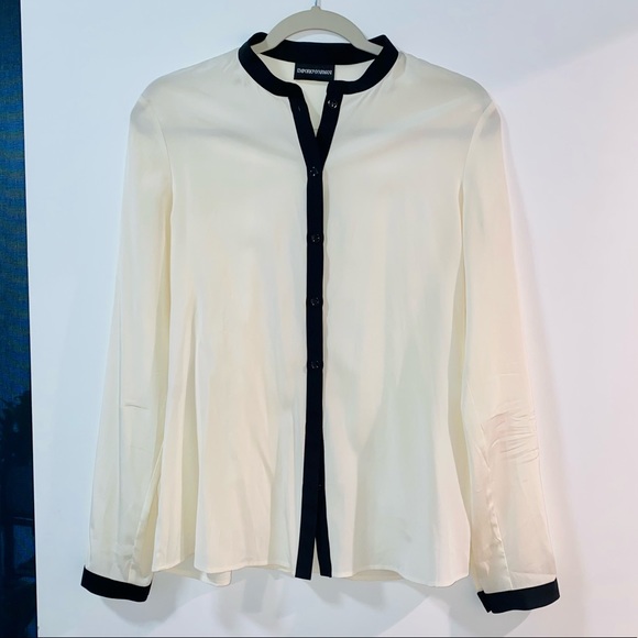 LIKE NEW! Emporio Armani Silk White and Black Blouse long sleeve Button Up Shirt - Picture 1 of 4